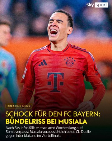 赛季基本报销！德天空：穆西亚拉韧带撕裂，将伤缺大约8周